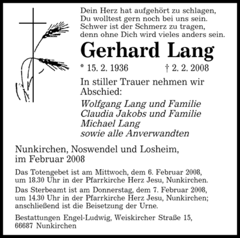  Traueranzeige für Gerhard Lang vom 05.02.2008 aus SAARBRÜCKER ZEITUNG