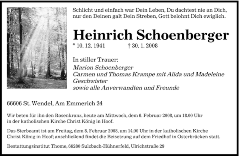  Traueranzeige für Heinrich Schoenberger vom 06.02.2008 aus SAARBRÜCKER ZEITUNG