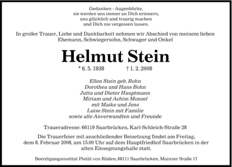  Traueranzeige für Helmut Stein vom 06.02.2008 aus SAARBRÜCKER ZEITUNG