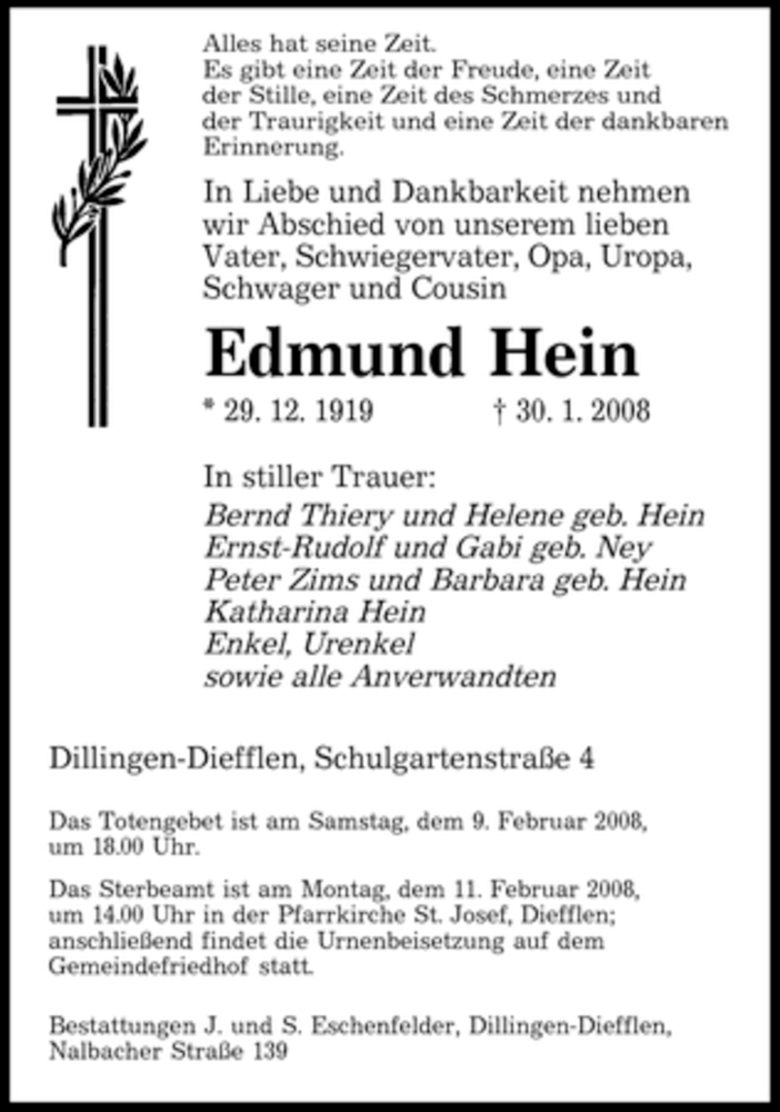  Traueranzeige für Edmund Hein vom 06.02.2008 aus SAARBRÜCKER ZEITUNG
