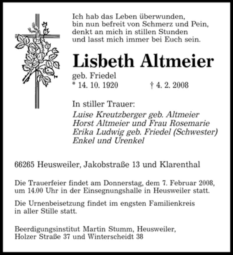  Traueranzeige für Lisbeth Altmeier vom 06.02.2008 aus SAARBRÜCKER ZEITUNG