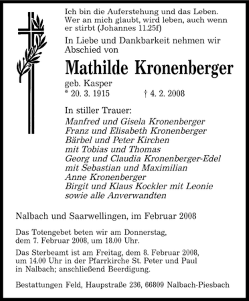  Traueranzeige für Mathilde Kronenberger vom 06.02.2008 aus SAARBRÜCKER ZEITUNG