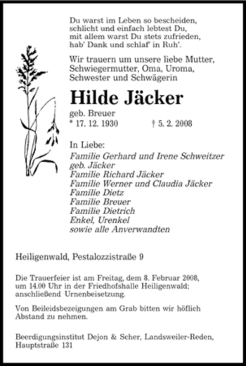 Traueranzeige von Hilde Jäcker von SAARBRÜCKER ZEITUNG