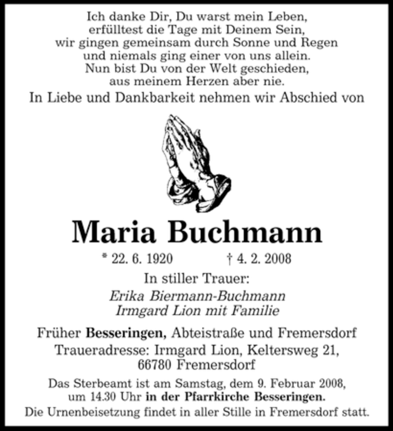  Traueranzeige für Maria Buchmann vom 07.02.2008 aus SAARBRÜCKER ZEITUNG