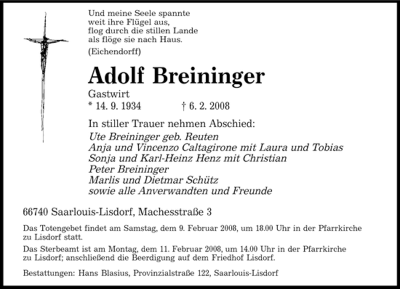  Traueranzeige für Adolf Breininger vom 07.02.2008 aus SAARBRÜCKER ZEITUNG