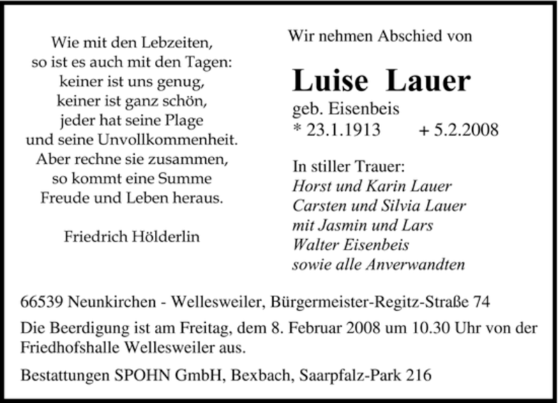  Traueranzeige für Luise Lauer vom 07.02.2008 aus SAARBRÜCKER ZEITUNG