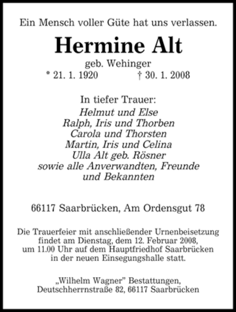  Traueranzeige für Hermine Alt vom 09.02.2008 aus SAARBRÜCKER ZEITUNG