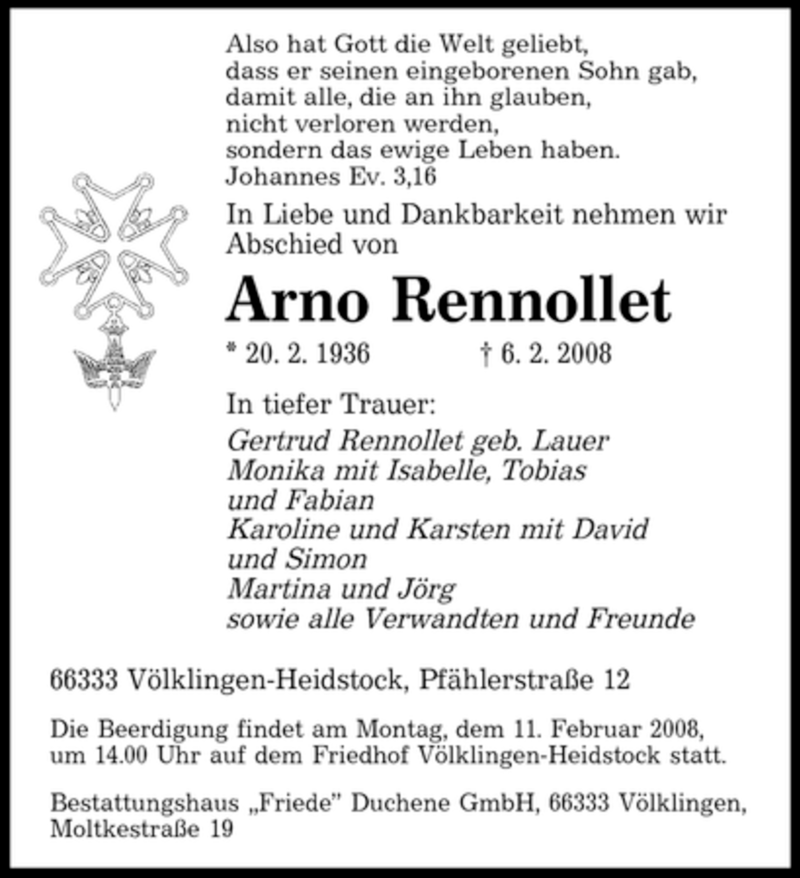  Traueranzeige für Arno Rennollet vom 09.02.2008 aus SAARBRÜCKER ZEITUNG