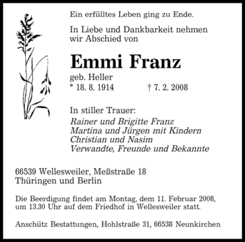  Traueranzeige für Emmi Franz vom 09.02.2008 aus SAARBRÜCKER ZEITUNG