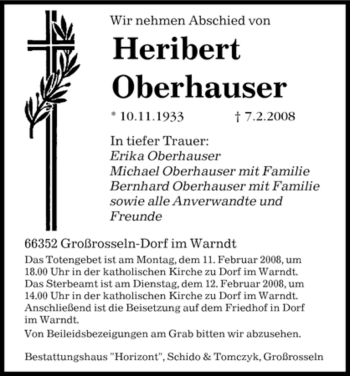 Traueranzeige von Heribert Oberhauser von SAARBRÜCKER ZEITUNG