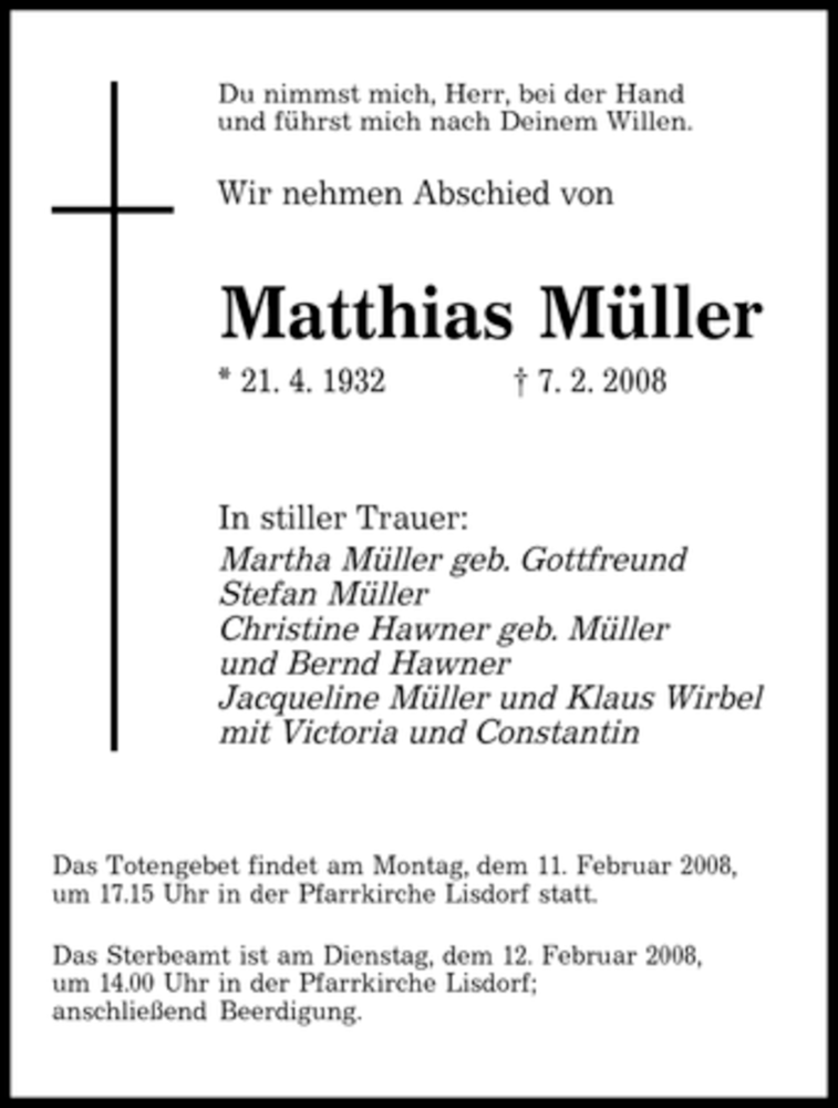 Traueranzeige für Matthias Müller vom 09.02.2008 aus SAARBRÜCKER ZEITUNG