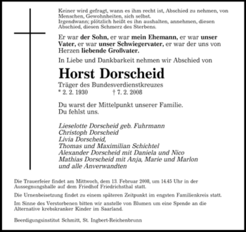 Traueranzeige von Horst Dorscheid von SAARBRÜCKER ZEITUNG