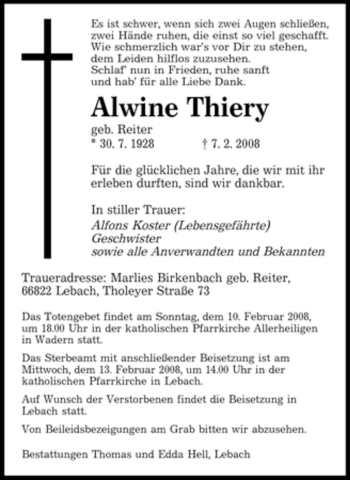 Traueranzeige von Alwine Thiery von SAARBRÜCKER ZEITUNG