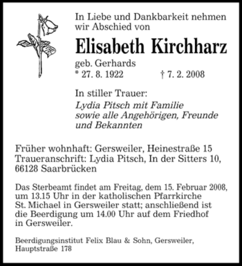 Traueranzeige von Elisabeth Kirchharz von SAARBRÜCKER ZEITUNG
