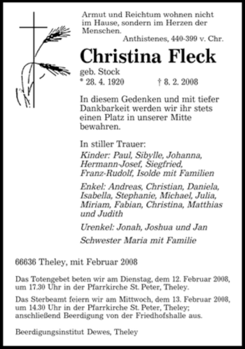 Traueranzeige von Christina Fleck von SAARBRÜCKER ZEITUNG