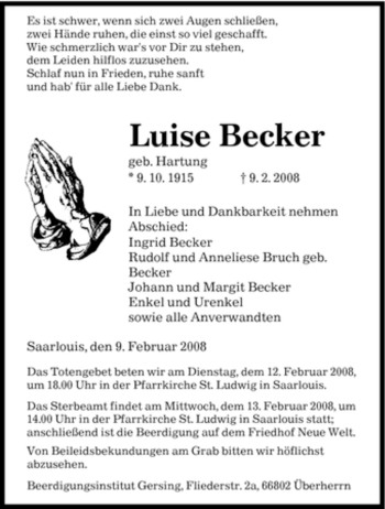 Traueranzeige von Luise Becker von SAARBRÜCKER ZEITUNG
