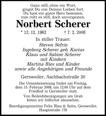 Traueranzeige von Norbert Scherer von SAARBRÜCKER ZEITUNG