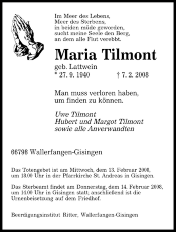 Traueranzeige von Maria Tilmont von SAARBRÜCKER ZEITUNG