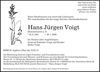 Traueranzeige von Hans Jürgen Voigt von SAARBRÜCKER ZEITUNG
