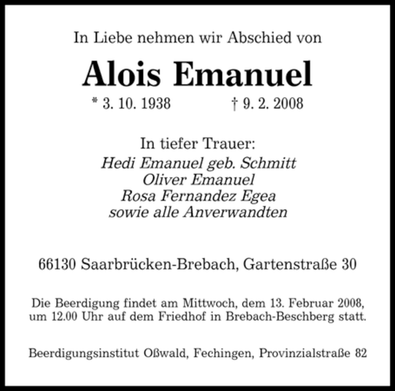  Traueranzeige für Alois Emanuel vom 12.02.2008 aus SAARBRÜCKER ZEITUNG