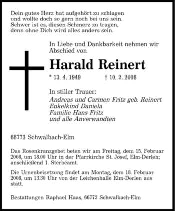 Traueranzeige von Harald Reinert von SAARBRÜCKER ZEITUNG