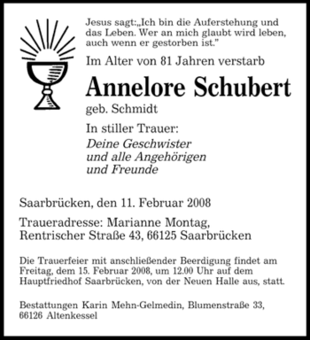 Traueranzeige von Annelore Schubert von SAARBRÜCKER ZEITUNG