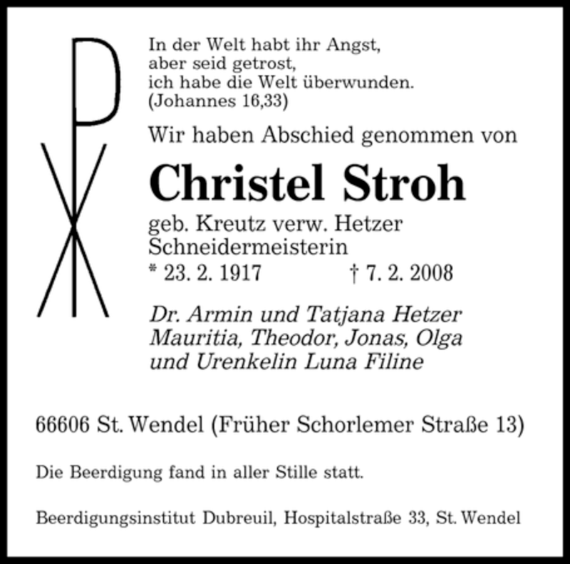  Traueranzeige für Christel Stroh vom 13.02.2008 aus SAARBRÜCKER ZEITUNG