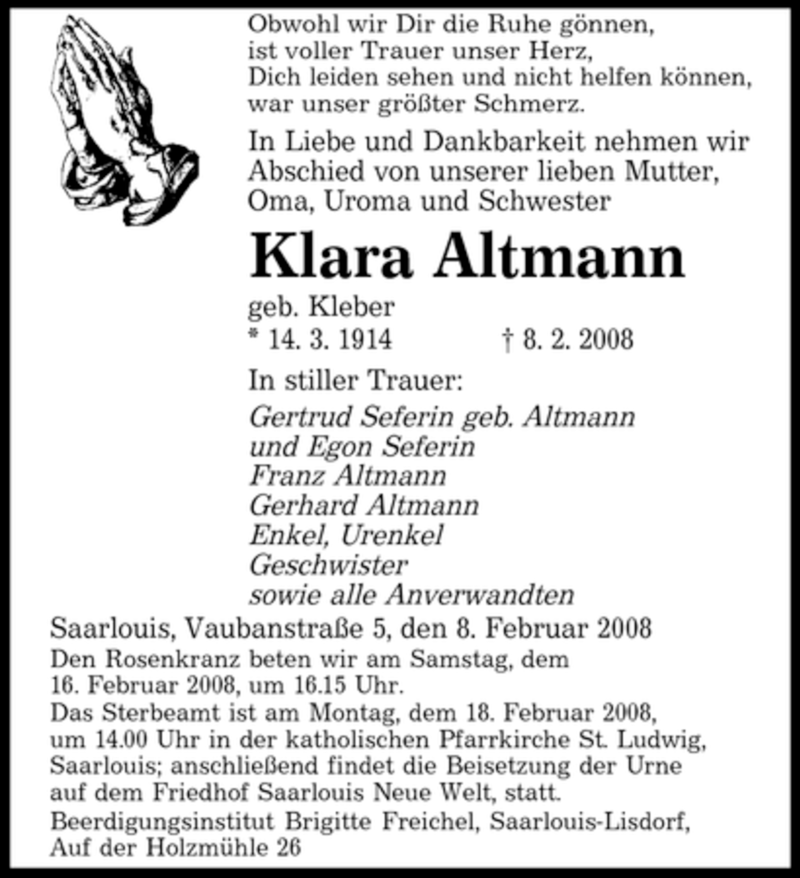  Traueranzeige für Klara Altmann vom 13.02.2008 aus SAARBRÜCKER ZEITUNG