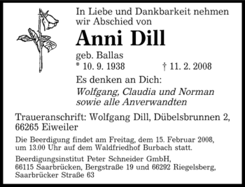 Traueranzeige von Anni Dill von SAARBRÜCKER ZEITUNG