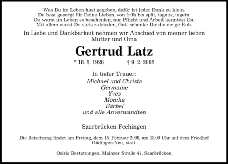  Traueranzeige für Gertrud Latz vom 13.02.2008 aus SAARBRÜCKER ZEITUNG