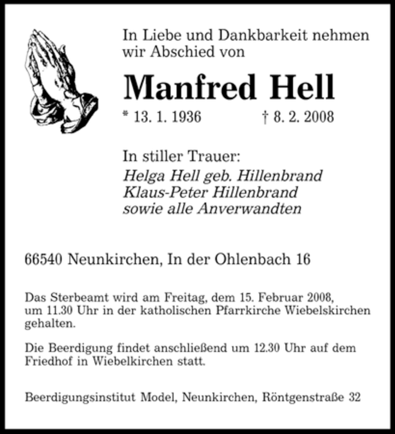  Traueranzeige für Manfred Hell vom 13.02.2008 aus SAARBRÜCKER ZEITUNG