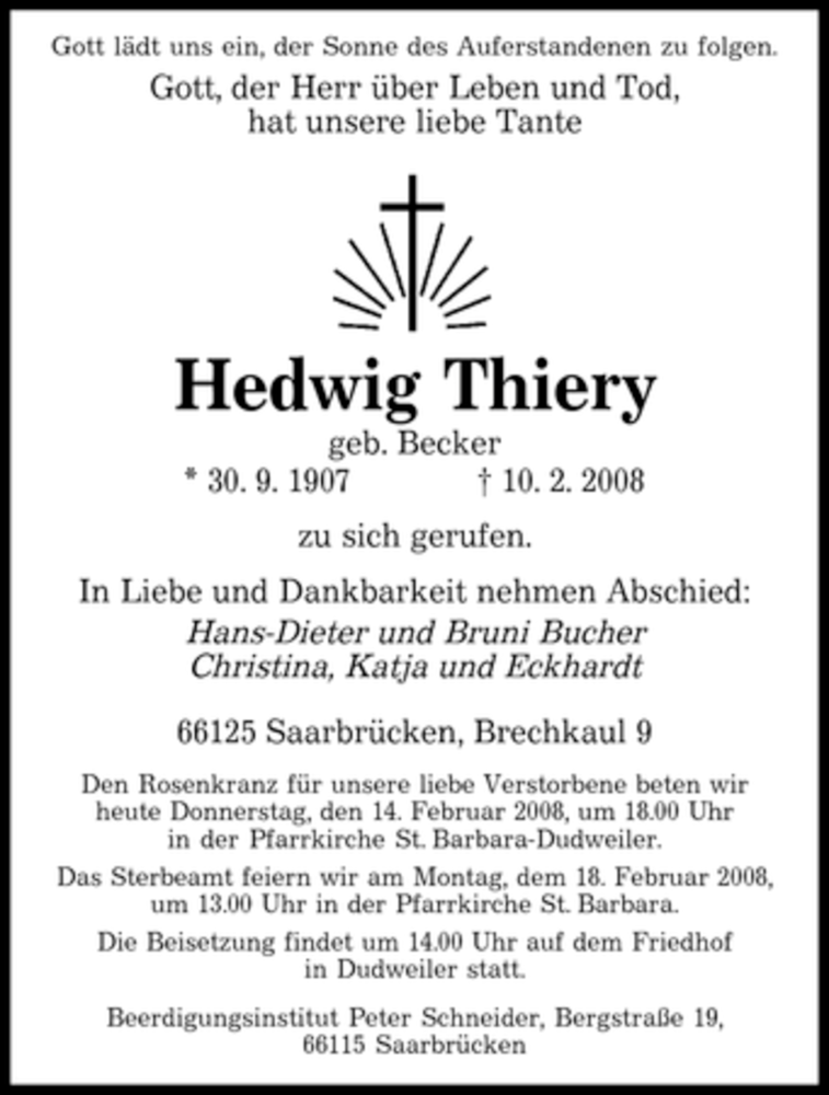  Traueranzeige für Hedwig Thiery vom 14.02.2008 aus SAARBRÜCKER ZEITUNG