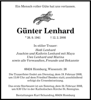 Traueranzeige von Günter Lenhard von SAARBRÜCKER ZEITUNG