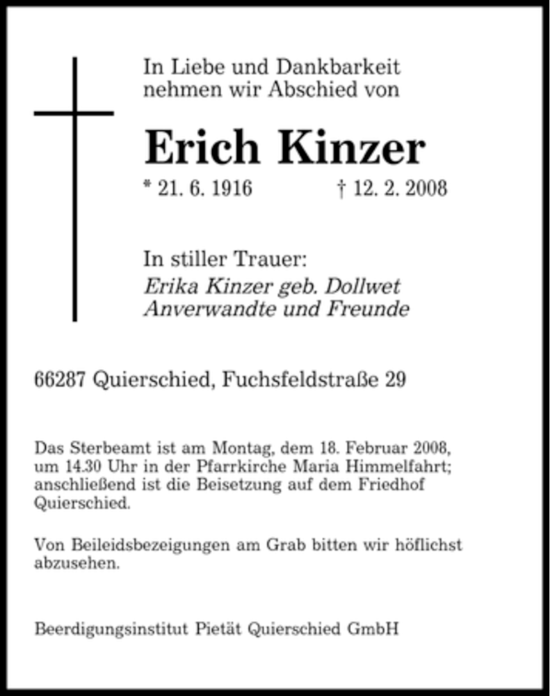  Traueranzeige für Erich Kinzer vom 15.02.2008 aus SAARBRÜCKER ZEITUNG