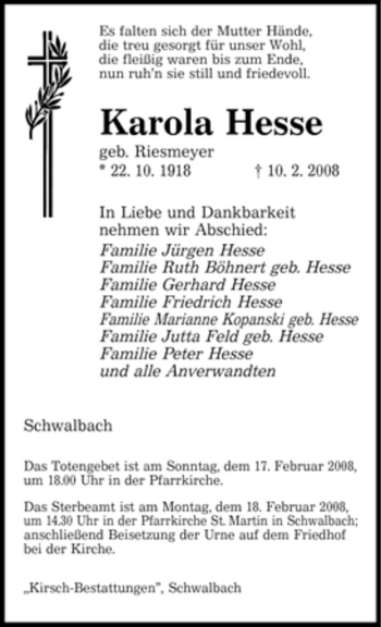 Traueranzeige von Karola Hesse von SAARBRÜCKER ZEITUNG