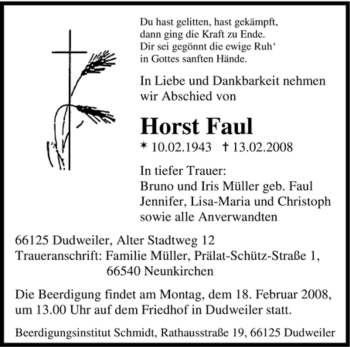 Traueranzeige von Horst Faul von SAARBRÜCKER ZEITUNG