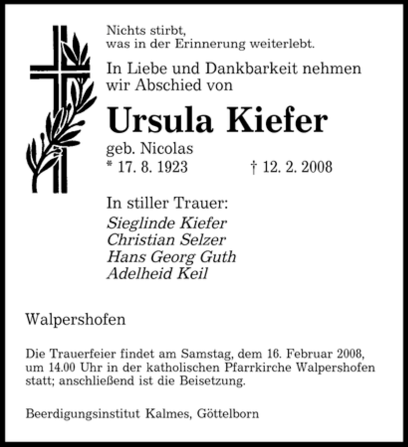  Traueranzeige für Ursula Kiefer vom 15.02.2008 aus SAARBRÜCKER ZEITUNG