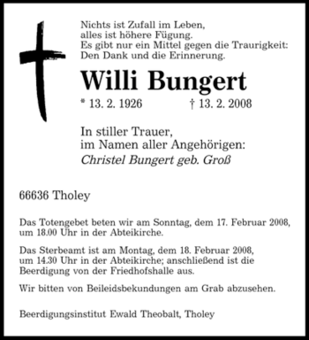 Traueranzeige von Willi Bungert von SAARBRÜCKER ZEITUNG