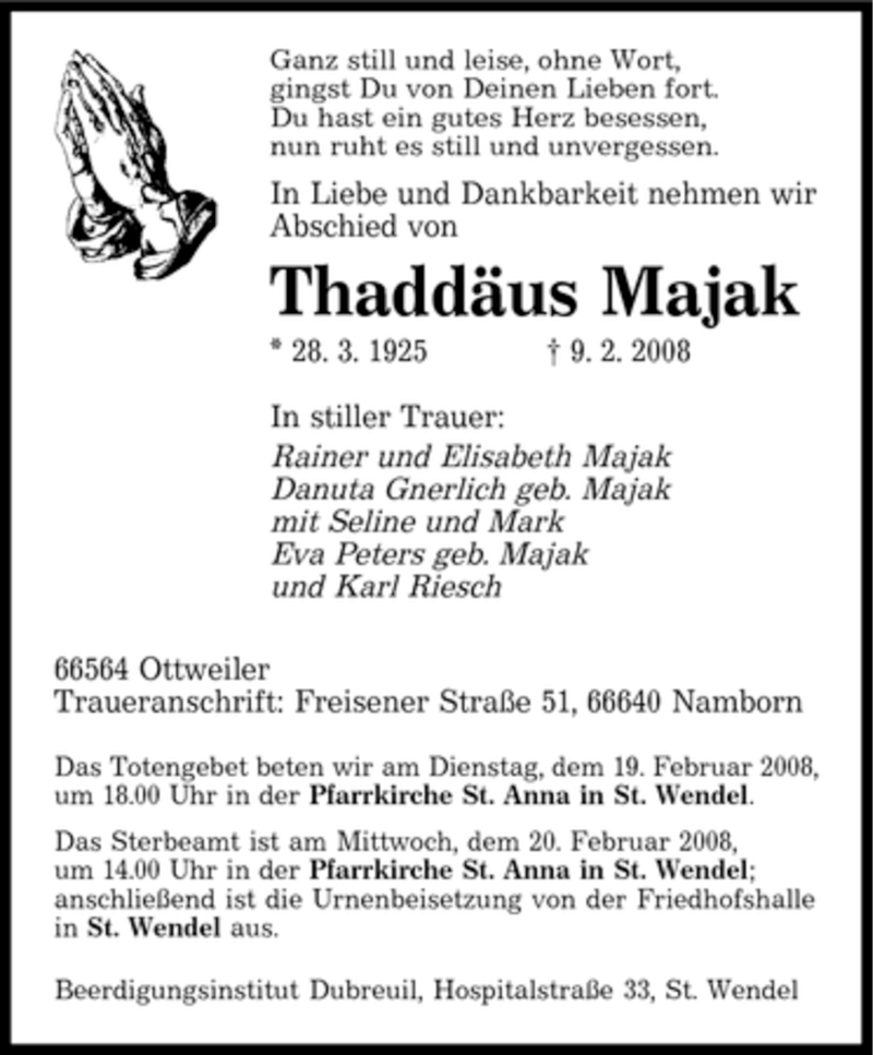  Traueranzeige für Thaddäus Majak vom 15.02.2008 aus SAARBRÜCKER ZEITUNG
