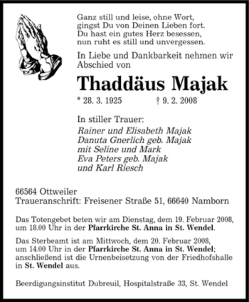 Traueranzeige von Thaddäus Majak von SAARBRÜCKER ZEITUNG