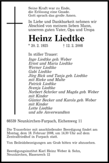 Traueranzeige von Heinz Liedtke von SAARBRÜCKER ZEITUNG