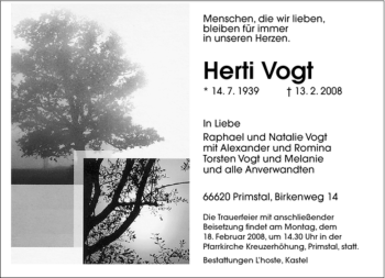 Traueranzeige von Herti Vogt von SAARBRÜCKER ZEITUNG