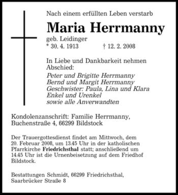 Traueranzeige von Maria Herrmanny von SAARBRÜCKER ZEITUNG