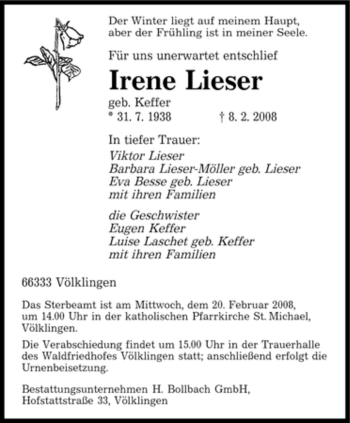 Traueranzeige von Irene Lieser von SAARBRÜCKER ZEITUNG