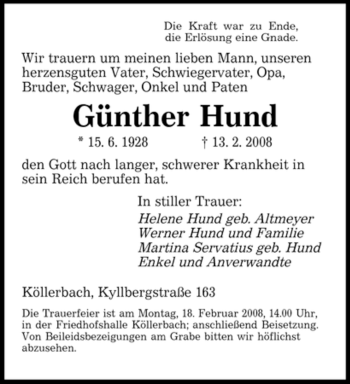 Traueranzeige von Günther Hund von SAARBRÜCKER ZEITUNG