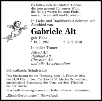 Traueranzeige von Gabriele Alt von SAARBRÜCKER ZEITUNG