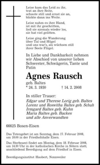 Traueranzeige von Agnes Rausch von SAARBRÜCKER ZEITUNG