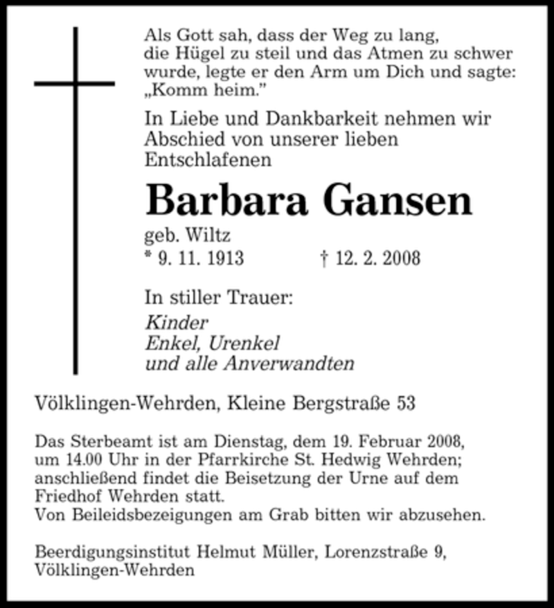 Traueranzeige für Barbara Gansen vom 16.02.2008 aus SAARBRÜCKER ZEITUNG