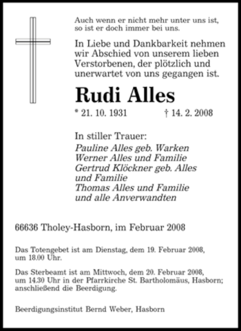 Traueranzeige von Rudi Alles von SAARBRÜCKER ZEITUNG