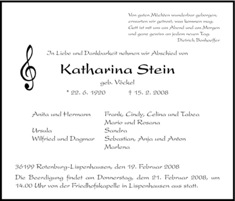  Traueranzeige für Katharina Stein vom 19.02.2008 aus 